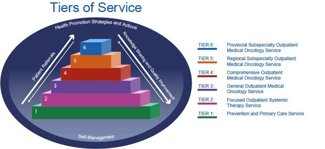 Tier 6: Provincial Subspecialty Outpatient Medical Oncology Service; Tier 5: Regional Subspecialty Outpatient Medical Oncology Service; Tier 4: Comprehensive Outpatient Medical Oncology Service; Tier 3: General Outpatient Medical Oncology Service; Tier 2: Focused Outpatient Systemic Therapy Service; Tier 1: Prevention and Primary Care Service
