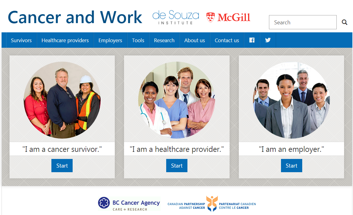 a screen shot of the cancerandwork.ca homepage 