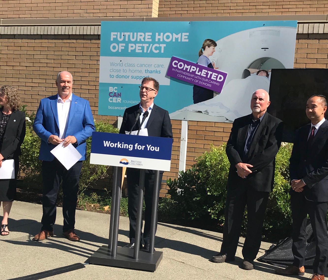 John Horgan, Adrian Dix, Gerard Young and Dr. Kim Nguyen Chi at the BC Cancer PET/CT Scanner announcement in Victoria, BC