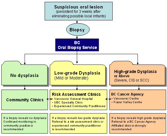 If a biopsy reveals no dysplasia, continued monitoring in community practice is recommended. If a biopsy reveals low grade dysplasia, referral to a risk assessment clinic of experienced community practitioner is recommended. If a biopsy reveals high grade dysplasia, referral to a BC Cancer affiliated clinic is strongly recommended.