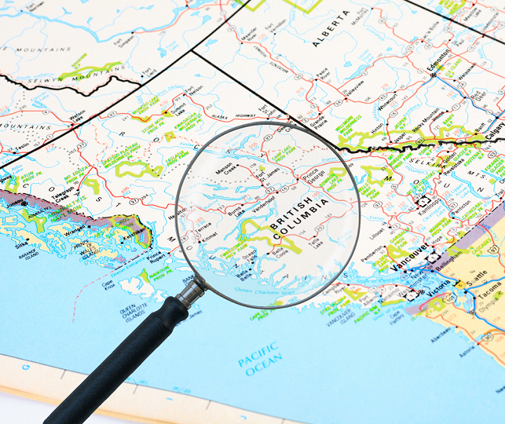 Map of British Columbia with a magnifying glass over it