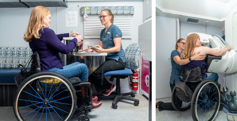 Woman in wheelchair talks to a nurse, and then woman in wheelchair getting a mammogram while nurse kneels beside her
