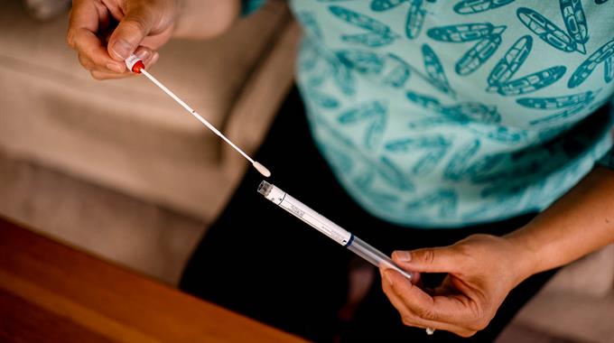 Person holding self-screening swab at home